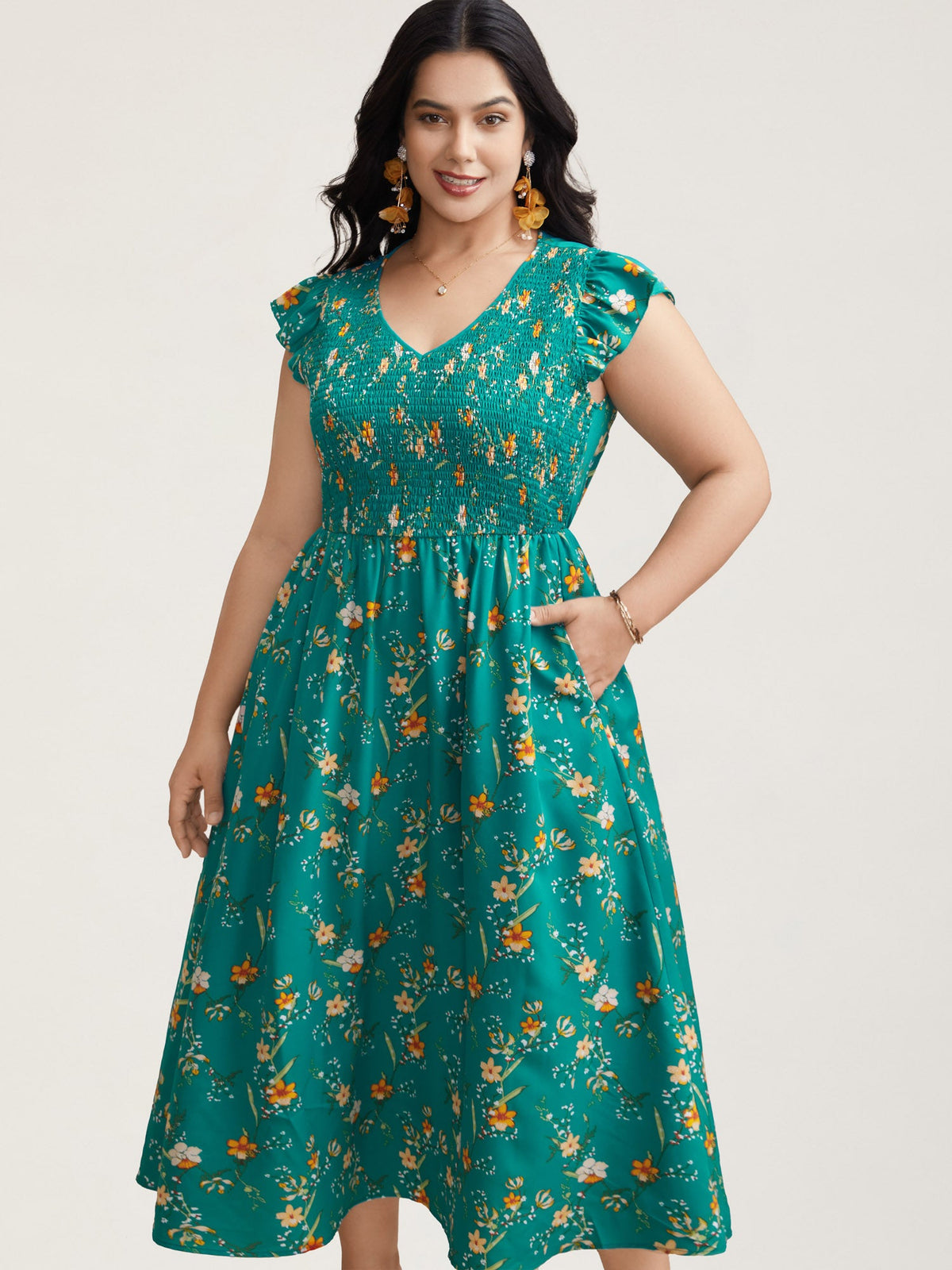 Shirred Printed Flutter Sleeve Pockets Midi Dress