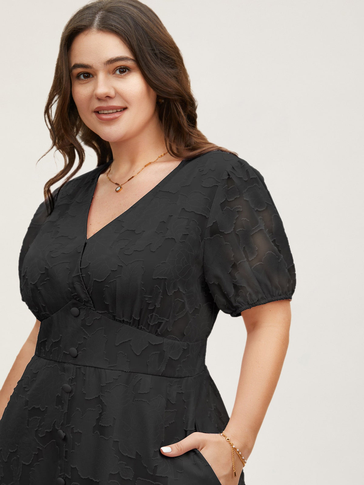 Solid Textured Lantern Sleeve Button Detail Dress